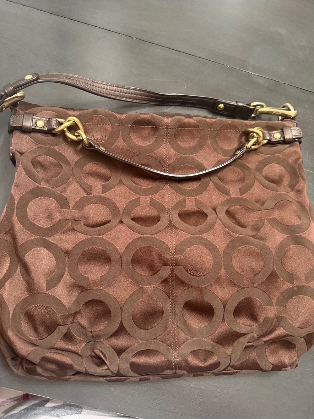 Coach Brown Signature Jacquard Shoulder Bag with Gold-Tone Hardware